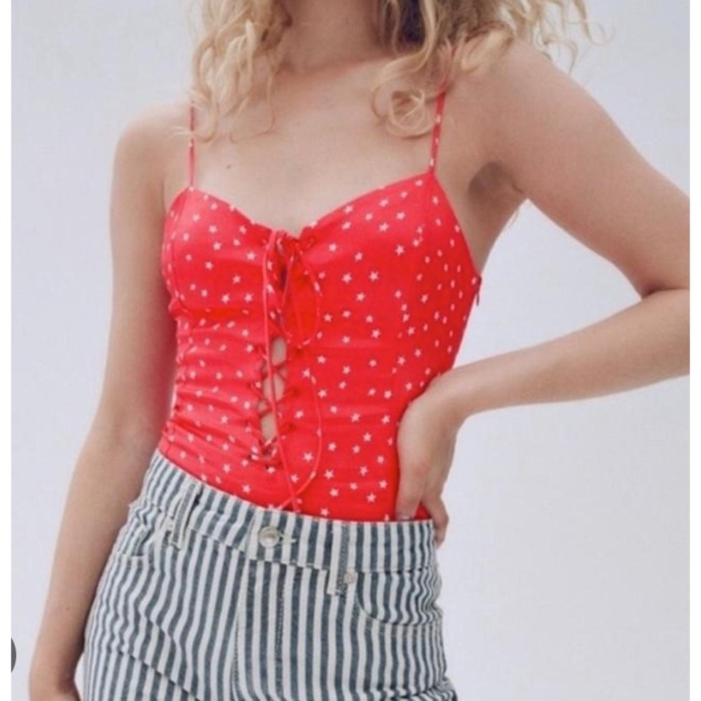 Zara Satin Effect Star Bodysuit Medium Red Lace Up Front Y2K Festival Party